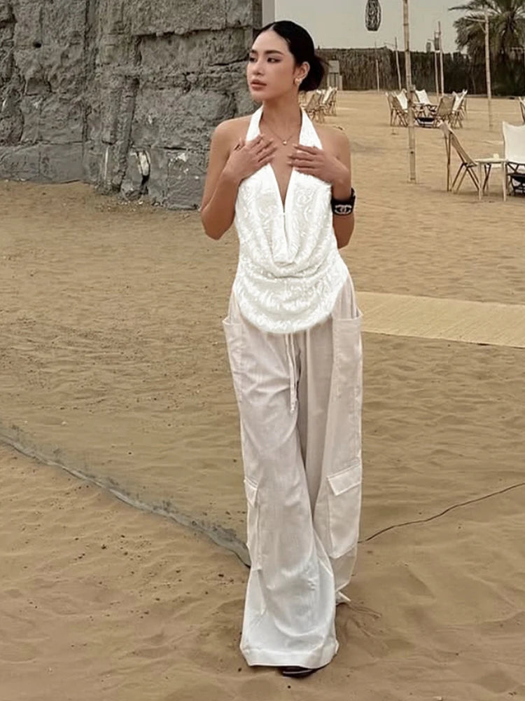 Nibber Temperament 2-Piece Set Women Swing Collar Arabesques Backless Tops+Smooth Skirts Vacation Beach Party Matching Suits
