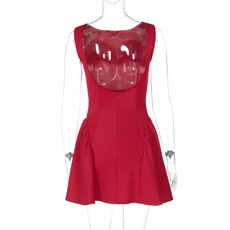 DGLUKE Elegant Red Mini Dress Women Boat Neck Sleeveless High Waist A-line Dress Backless Pleated Short Prom Party Dresses
