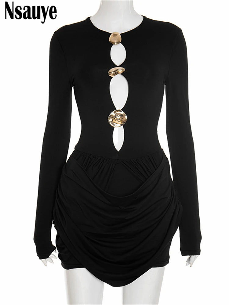 Nsauye Autumn Winter Women 2025 Sexy Night Club Mini Wrap Hollow Out Party Dress Fashion Elegant Evening Short Dress Long Sleeve
