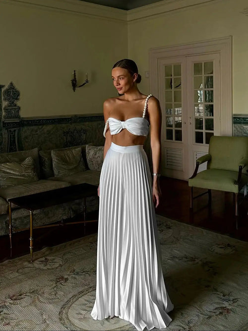 Pleated Skirt Set Women A Line Skirt Beach Skirt Sleeveless Two Piece Set Bandage Top Summer Beach Holiday Party Summer