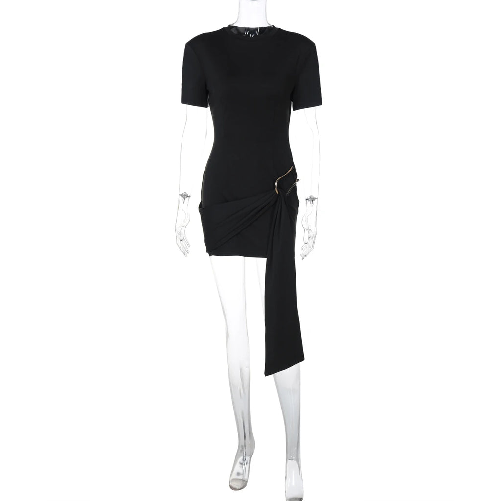 Dulzura O-Neck Short Sleeves Lace Up Bodycon Metal Button Mini Dress Solid Casual Elegant Short Dress Club Streetwear Outfit
