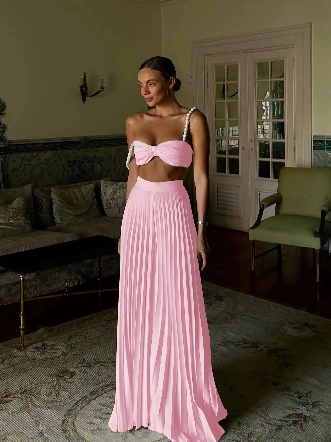 Pleated Skirt Set Women A Line Skirt Beach Skirt Sleeveless Two Piece Set Bandage Top Summer Beach Holiday Party Summer