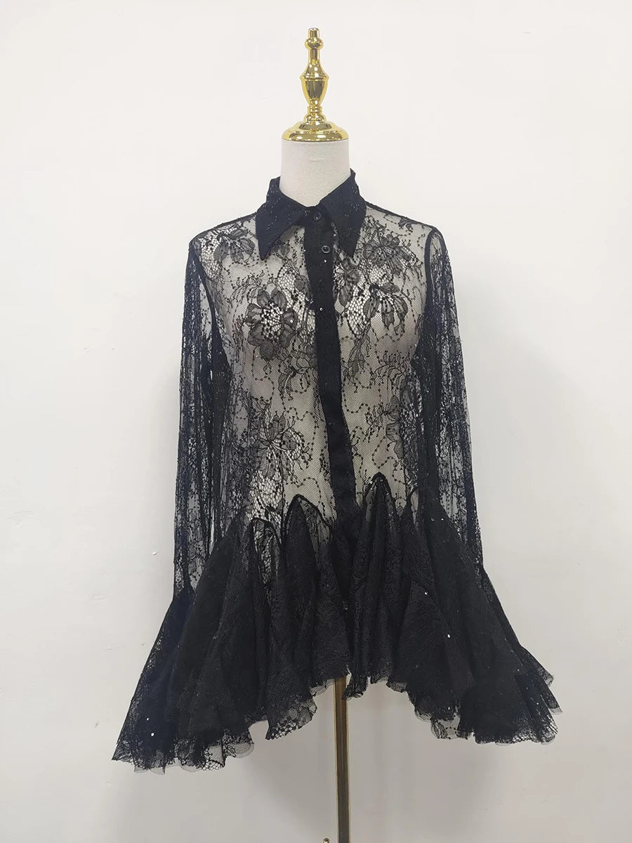 TWOTWINSTYLE Solid Sheer Spliced Lace Sexy Mini Dresses for Women Lapel Long Sleeves Patchwork Ruffles Folds Dress Female New