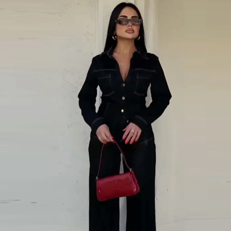 HXAO Black Denim Pant Sets Women's Two Pieces Set Slim Long Sleeve Shirt 2 Piece Sets Woman Outfit High Waist Flare Trousers Set