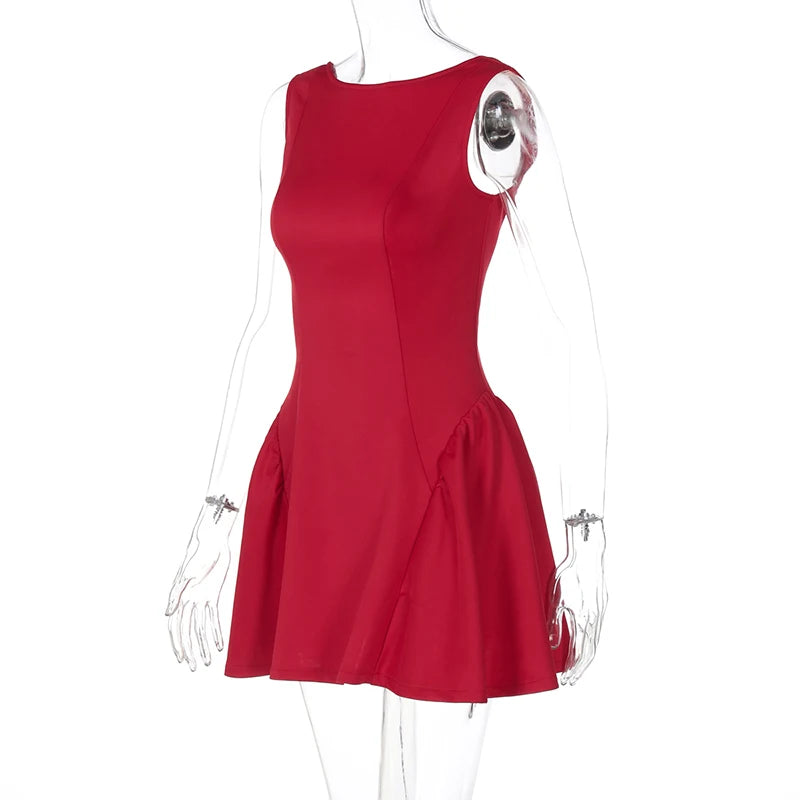 DGLUKE Elegant Red Mini Dress Women Boat Neck Sleeveless High Waist A-line Dress Backless Pleated Short Prom Party Dresses