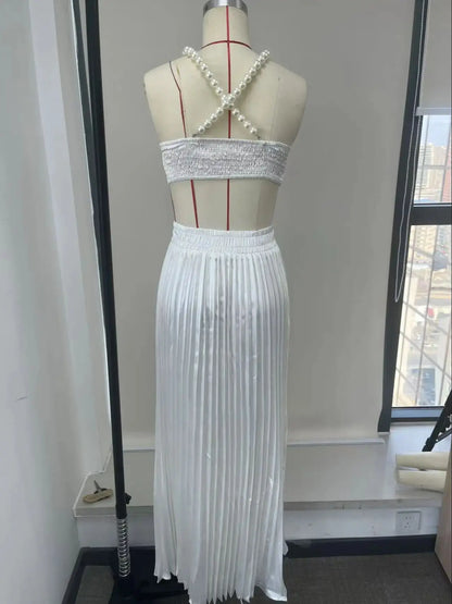 Pleated Skirt Set Women A Line Skirt Beach Skirt Sleeveless Two Piece Set Bandage Top Summer Beach Holiday Party Summer