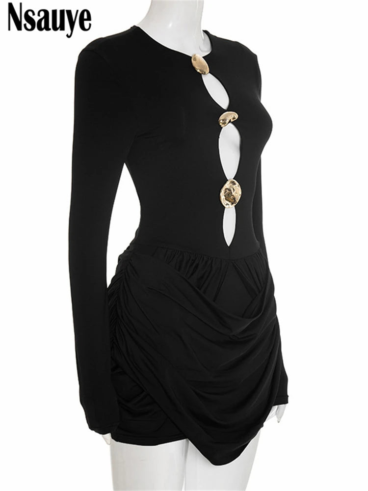 Nsauye Autumn Winter Women 2025 Sexy Night Club Mini Wrap Hollow Out Party Dress Fashion Elegant Evening Short Dress Long Sleeve