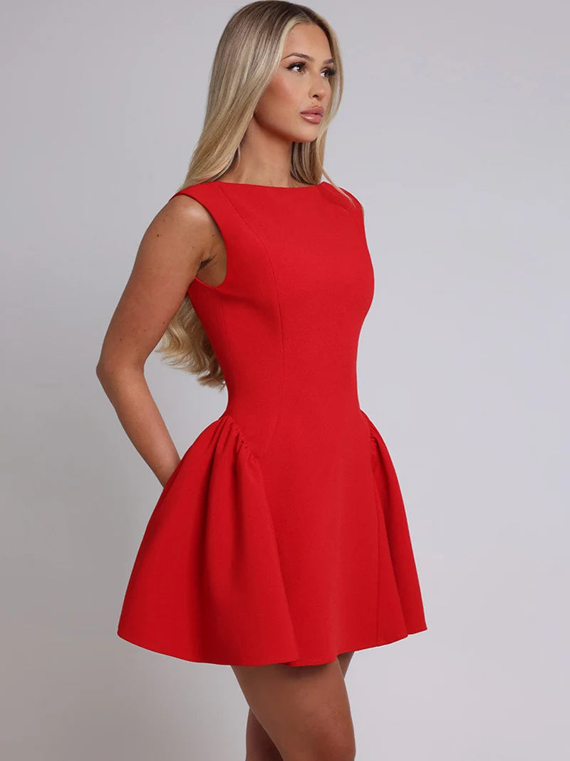 DGLUKE Elegant Red Mini Dress Women Boat Neck Sleeveless High Waist A-line Dress Backless Pleated Short Prom Party Dresses