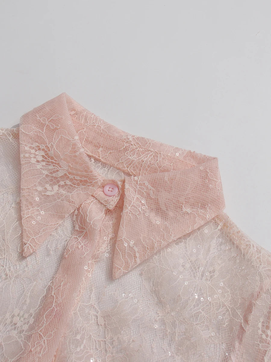TWOTWINSTYLE Solid Sheer Spliced Lace Sexy Mini Dresses for Women Lapel Long Sleeves Patchwork Ruffles Folds Dress Female New
