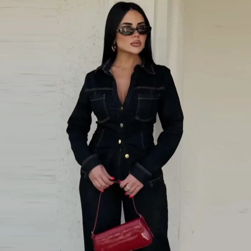 HXAO Black Denim Pant Sets Women's Two Pieces Set Slim Long Sleeve Shirt 2 Piece Sets Woman Outfit High Waist Flare Trousers Set