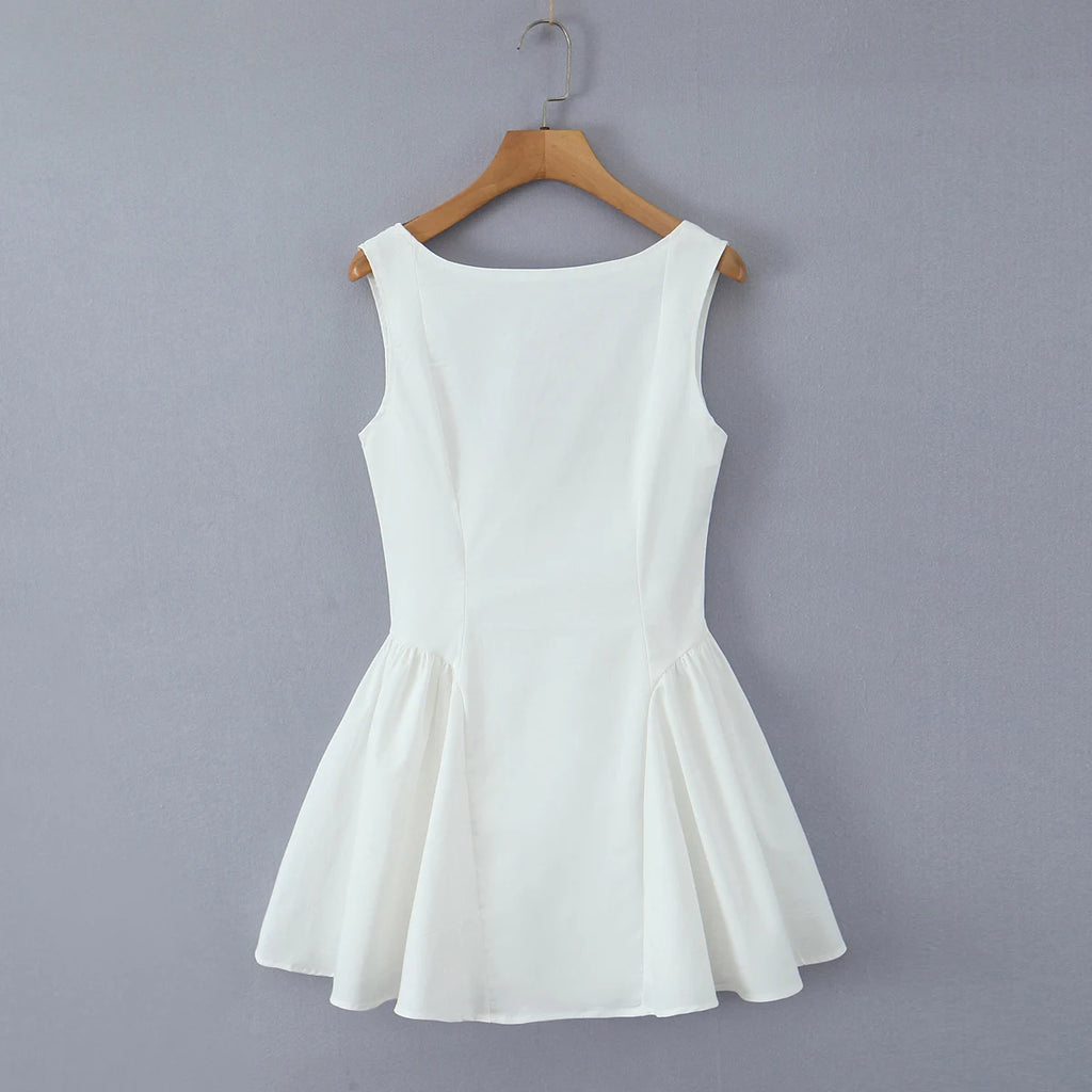 2025 Sexy Slash Collar Deep V Back Backless Mini Sleeveless Dress Women Low Waist Ruched Ball Gown Tank Dresses Summer Robe