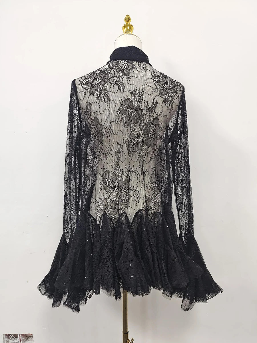 TWOTWINSTYLE Solid Sheer Spliced Lace Sexy Mini Dresses for Women Lapel Long Sleeves Patchwork Ruffles Folds Dress Female New