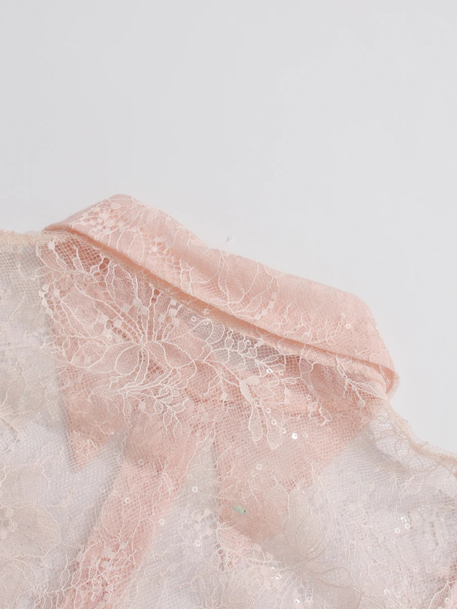 TWOTWINSTYLE Solid Sheer Spliced Lace Sexy Mini Dresses for Women Lapel Long Sleeves Patchwork Ruffles Folds Dress Female New