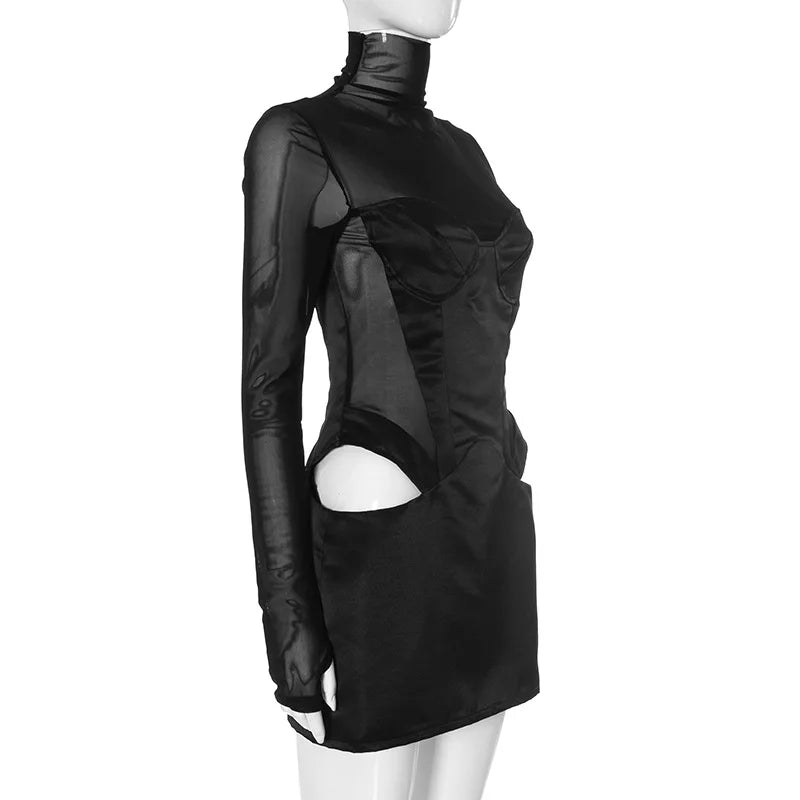Trendix Fashion Mesh Long Sleeve Mini Dress Club See Through Turtleneck Splice Hollow Bodysuit Dress Party Hot Girls Sexy Dress