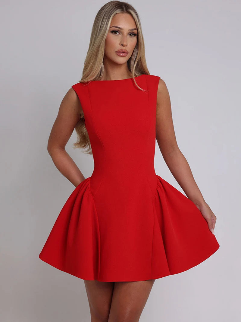 DGLUKE Elegant Red Mini Dress Women Boat Neck Sleeveless High Waist A-line Dress Backless Pleated Short Prom Party Dresses