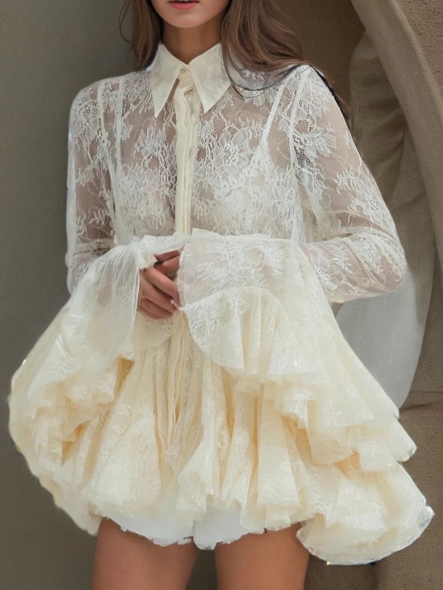 TWOTWINSTYLE Solid Sheer Spliced Lace Sexy Mini Dresses for Women Lapel Long Sleeves Patchwork Ruffles Folds Dress Female New