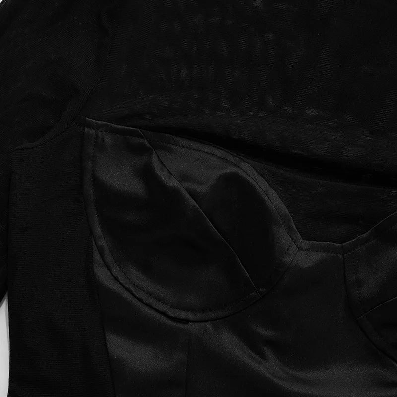 Trendix Fashion Mesh Long Sleeve Mini Dress Club See Through Turtleneck Splice Hollow Bodysuit Dress Party Hot Girls Sexy Dress