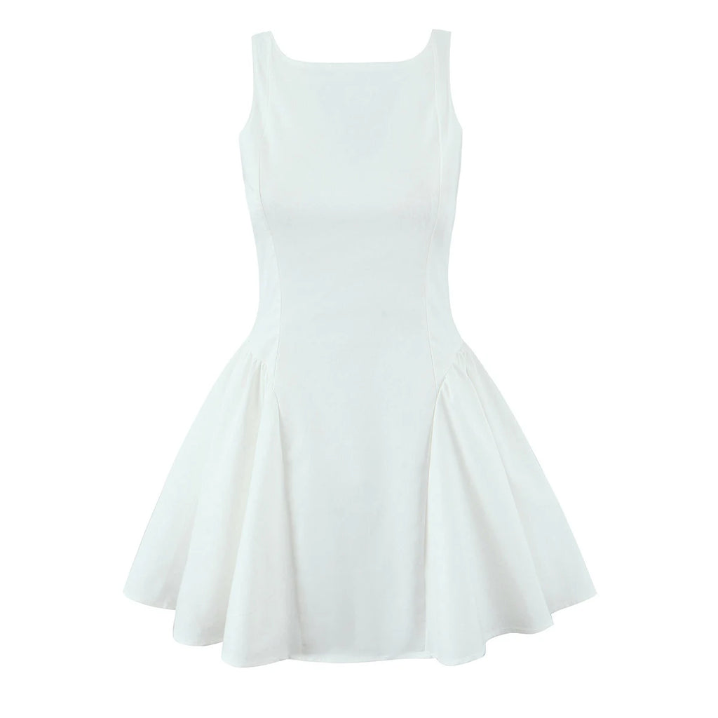 2025 Sexy Slash Collar Deep V Back Backless Mini Sleeveless Dress Women Low Waist Ruched Ball Gown Tank Dresses Summer Robe