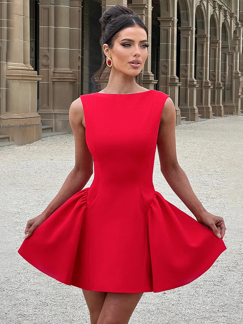 DGLUKE Elegant Red Mini Dress Women Boat Neck Sleeveless High Waist A-line Dress Backless Pleated Short Prom Party Dresses