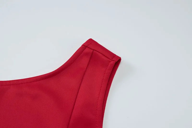 DGLUKE Elegant Red Mini Dress Women Boat Neck Sleeveless High Waist A-line Dress Backless Pleated Short Prom Party Dresses