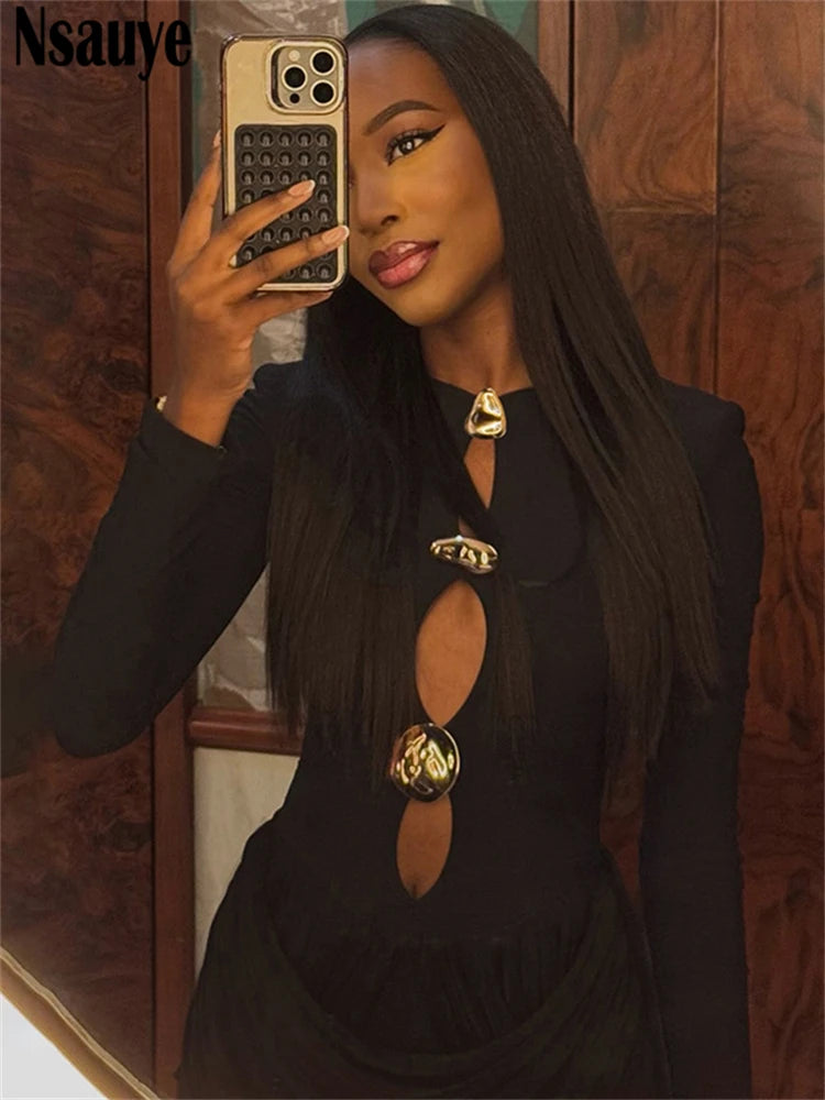Nsauye Autumn Winter Women 2025 Sexy Night Club Mini Wrap Hollow Out Party Dress Fashion Elegant Evening Short Dress Long Sleeve