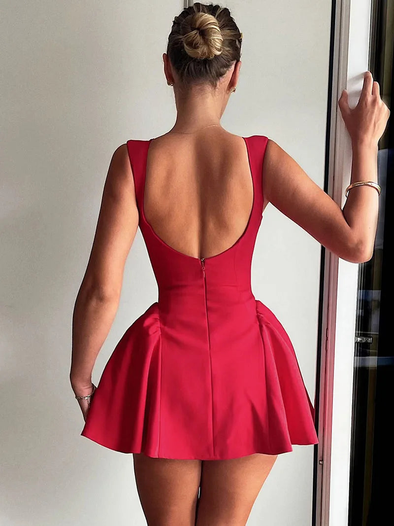 DGLUKE Elegant Red Mini Dress Women Boat Neck Sleeveless High Waist A-line Dress Backless Pleated Short Prom Party Dresses
