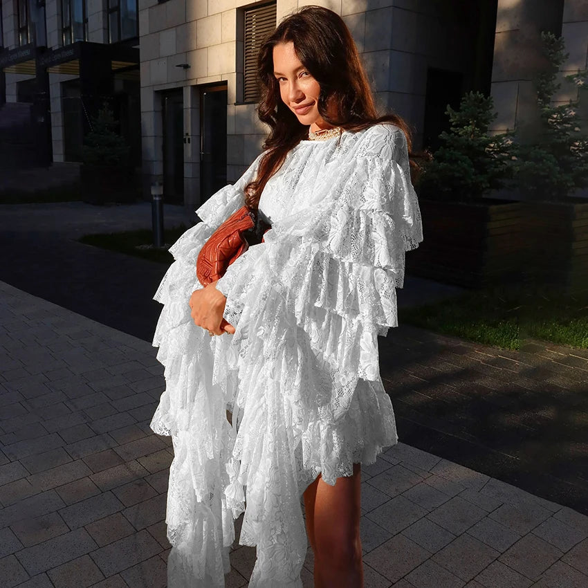 Linad Elegant Apricot Embroidery A Line Dress Fashion Sheer Butterfly Sleeve Dresses For Women Sexy Hollow Out Mini Dress 2025