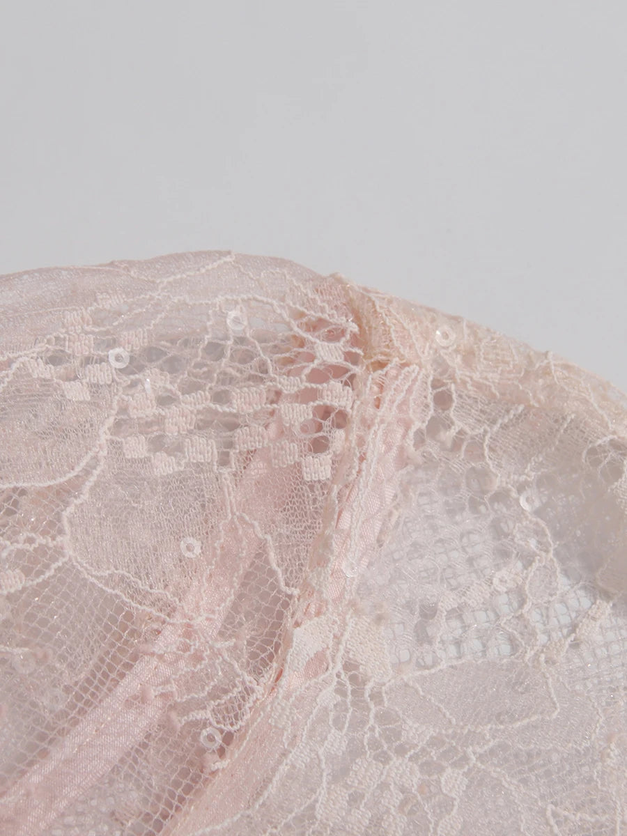 TWOTWINSTYLE Solid Sheer Spliced Lace Sexy Mini Dresses for Women Lapel Long Sleeves Patchwork Ruffles Folds Dress Female New