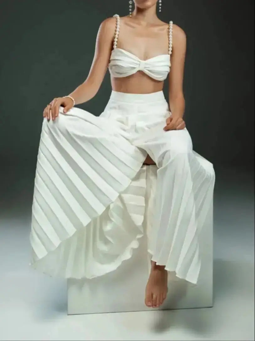 Pleated Skirt Set Women A Line Skirt Beach Skirt Sleeveless Two Piece Set Bandage Top Summer Beach Holiday Party Summer
