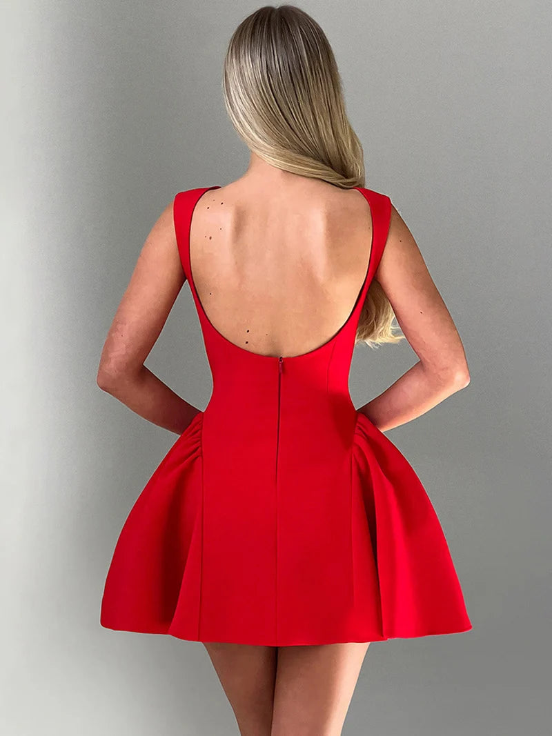 DGLUKE Elegant Red Mini Dress Women Boat Neck Sleeveless High Waist A-line Dress Backless Pleated Short Prom Party Dresses