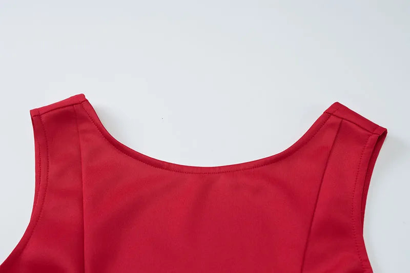 DGLUKE Elegant Red Mini Dress Women Boat Neck Sleeveless High Waist A-line Dress Backless Pleated Short Prom Party Dresses