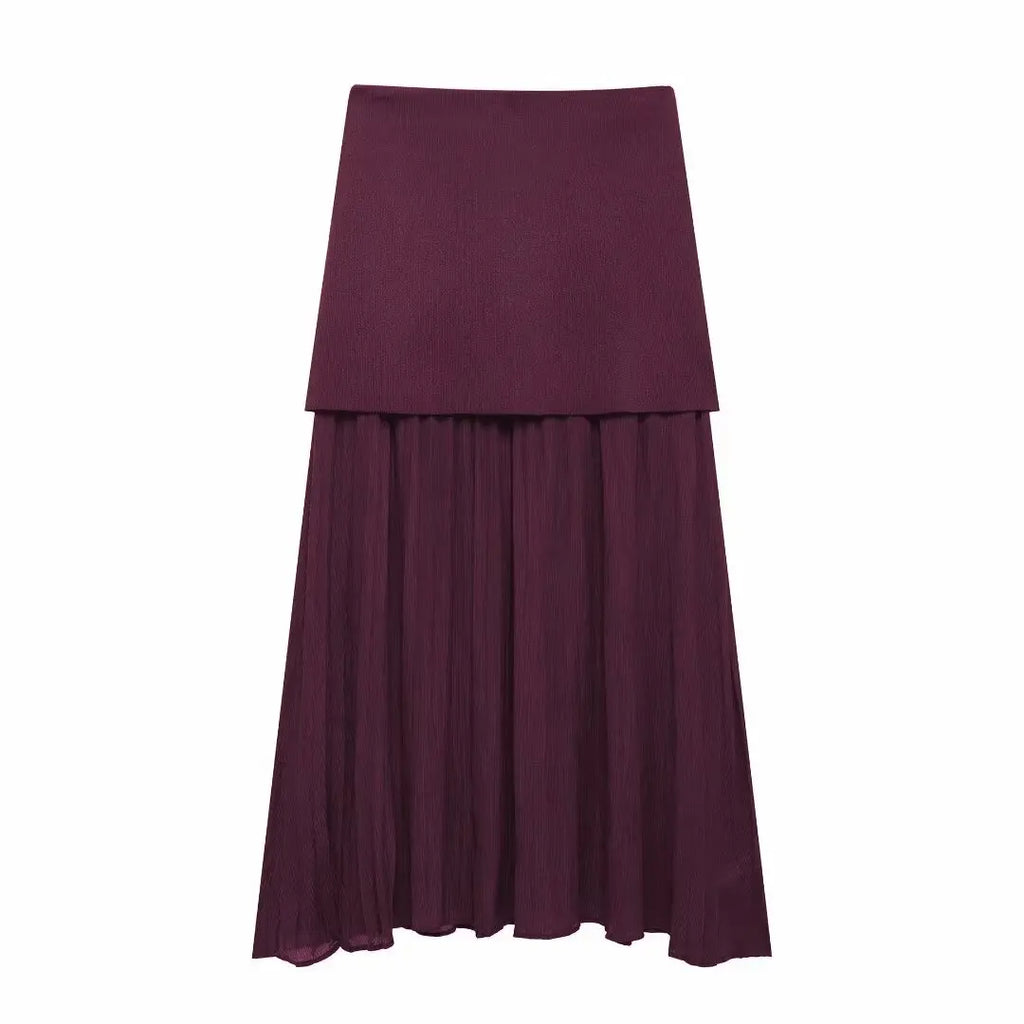 HH 2025 Women Skirt Set Wine Red Knitted V-Neck Sleeveless Slim Vest +Solid High Waist Zipper Patchwork Long Skirt Street