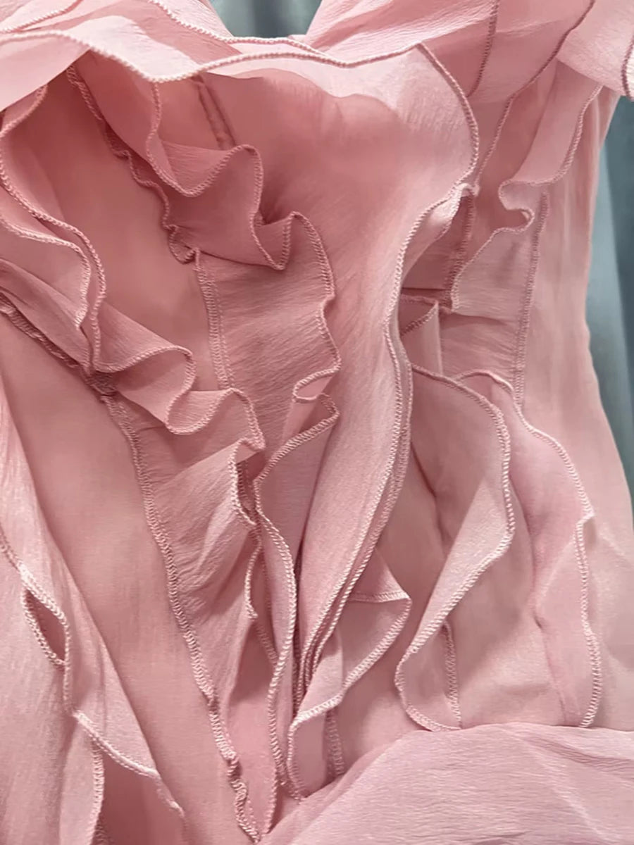 VGH Solid Slimming Sweet Mini Dresses For Women Slash Neck Off The Shoulder Sleeve High Waist Folds Temperament Dress Female New