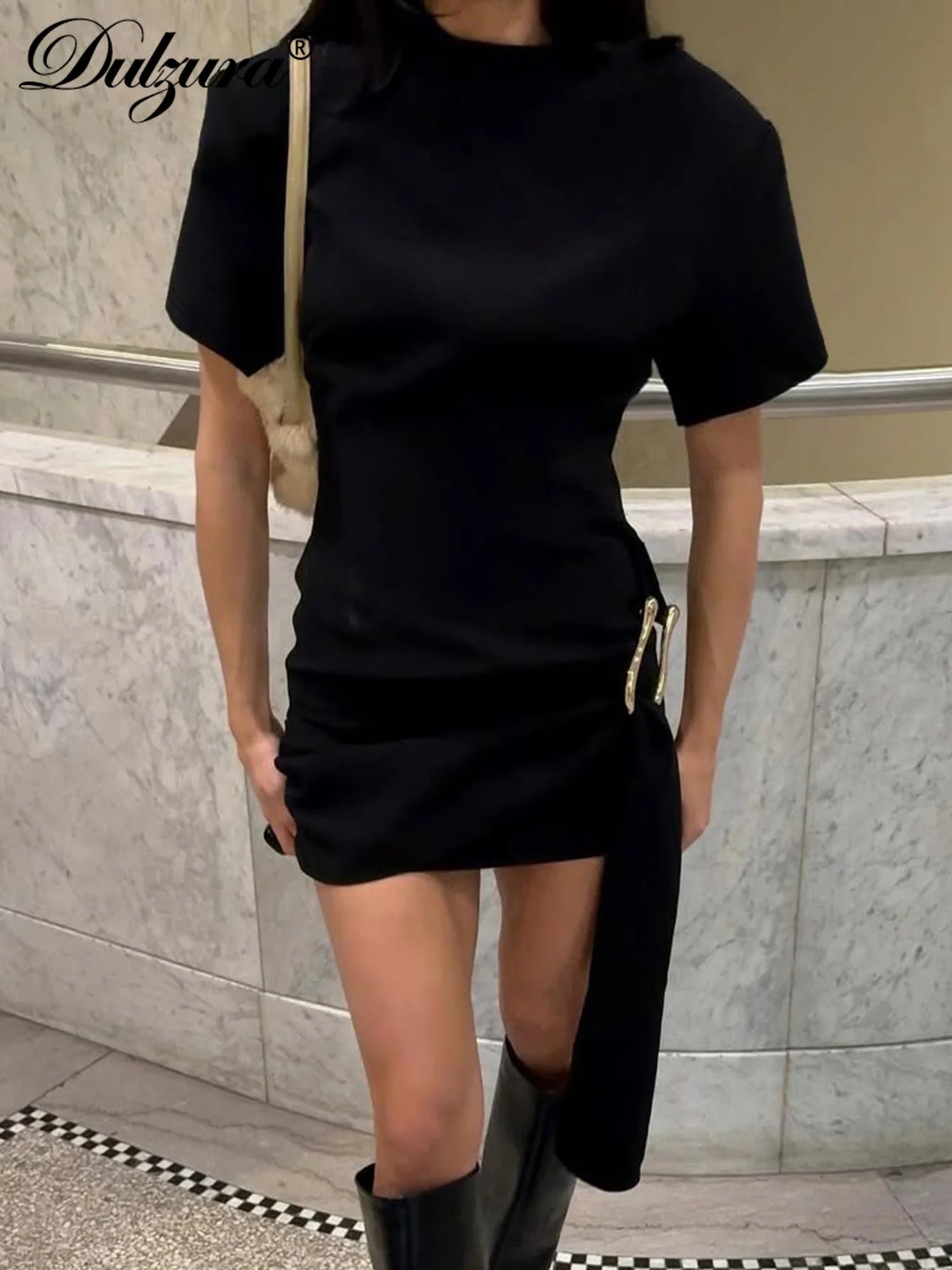 Dulzura O-Neck Short Sleeves Lace Up Bodycon Metal Button Mini Dress Solid Casual Elegant Short Dress Club Streetwear Outfit