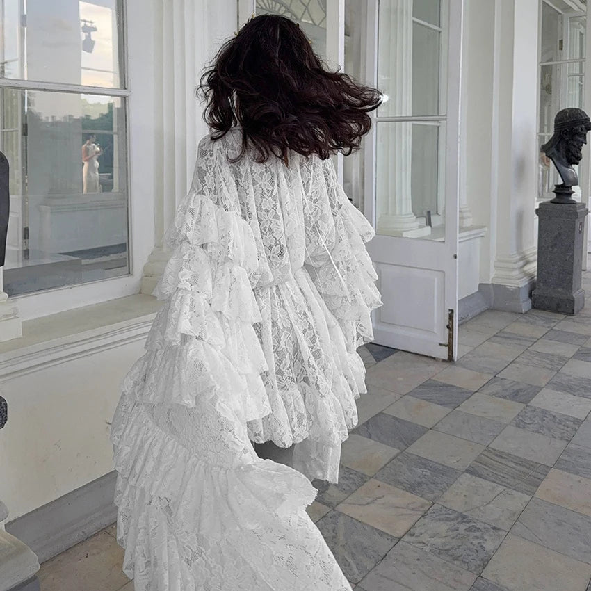 Linad Elegant Apricot Embroidery A Line Dress Fashion Sheer Butterfly Sleeve Dresses For Women Sexy Hollow Out Mini Dress 2025
