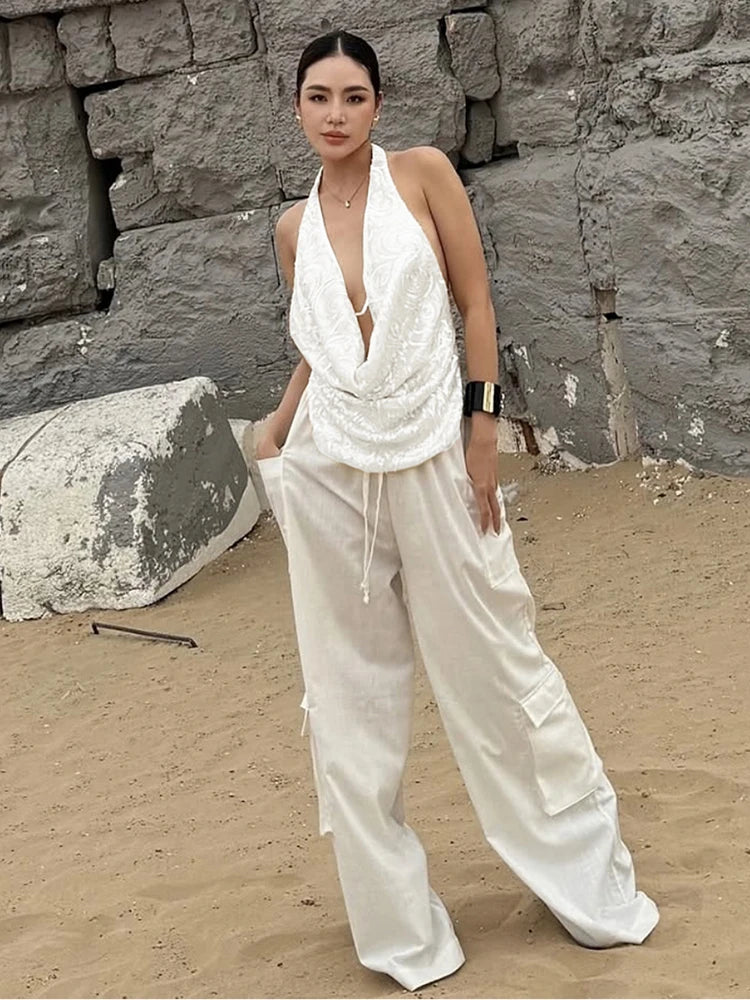 Nibber Temperament 2-Piece Set Women Swing Collar Arabesques Backless Tops+Smooth Skirts Vacation Beach Party Matching Suits