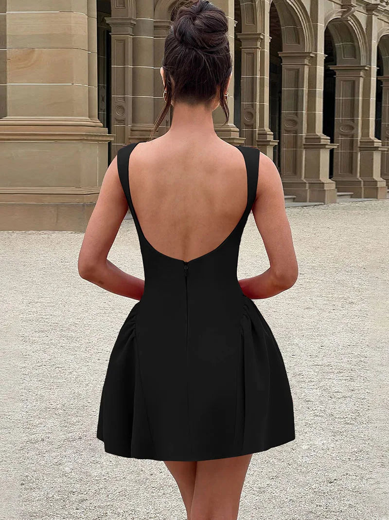 DGLUKE Elegant Red Mini Dress Women Boat Neck Sleeveless High Waist A-line Dress Backless Pleated Short Prom Party Dresses