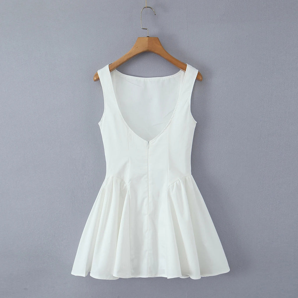 2025 Sexy Slash Collar Deep V Back Backless Mini Sleeveless Dress Women Low Waist Ruched Ball Gown Tank Dresses Summer Robe