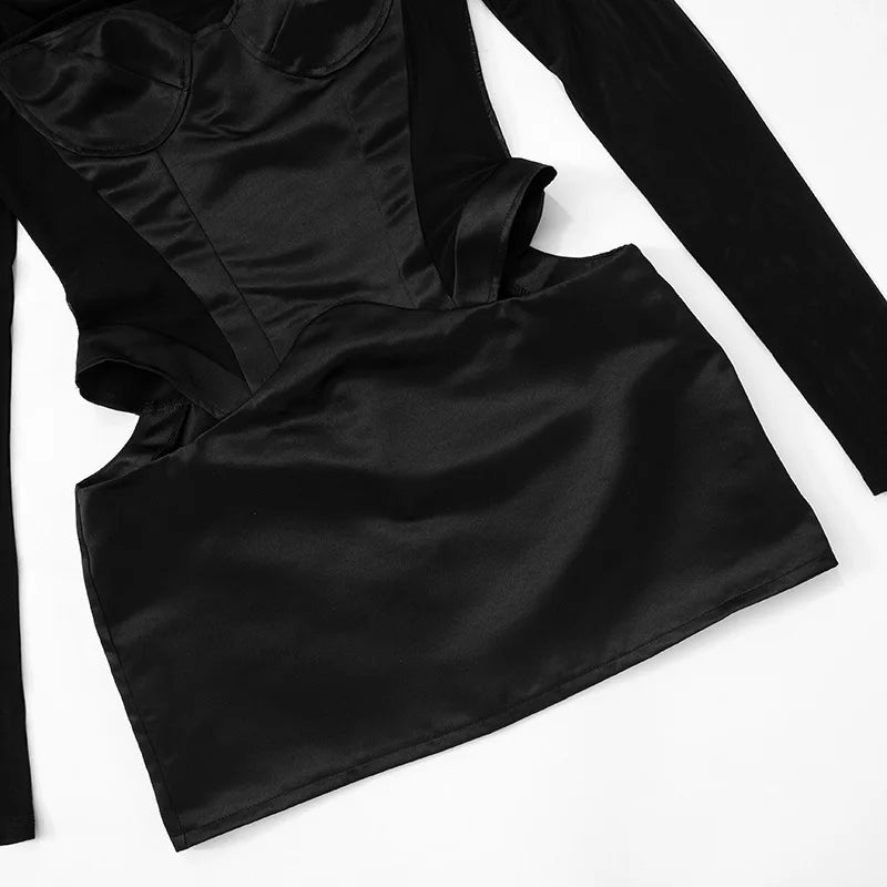 Trendix Fashion Mesh Long Sleeve Mini Dress Club See Through Turtleneck Splice Hollow Bodysuit Dress Party Hot Girls Sexy Dress