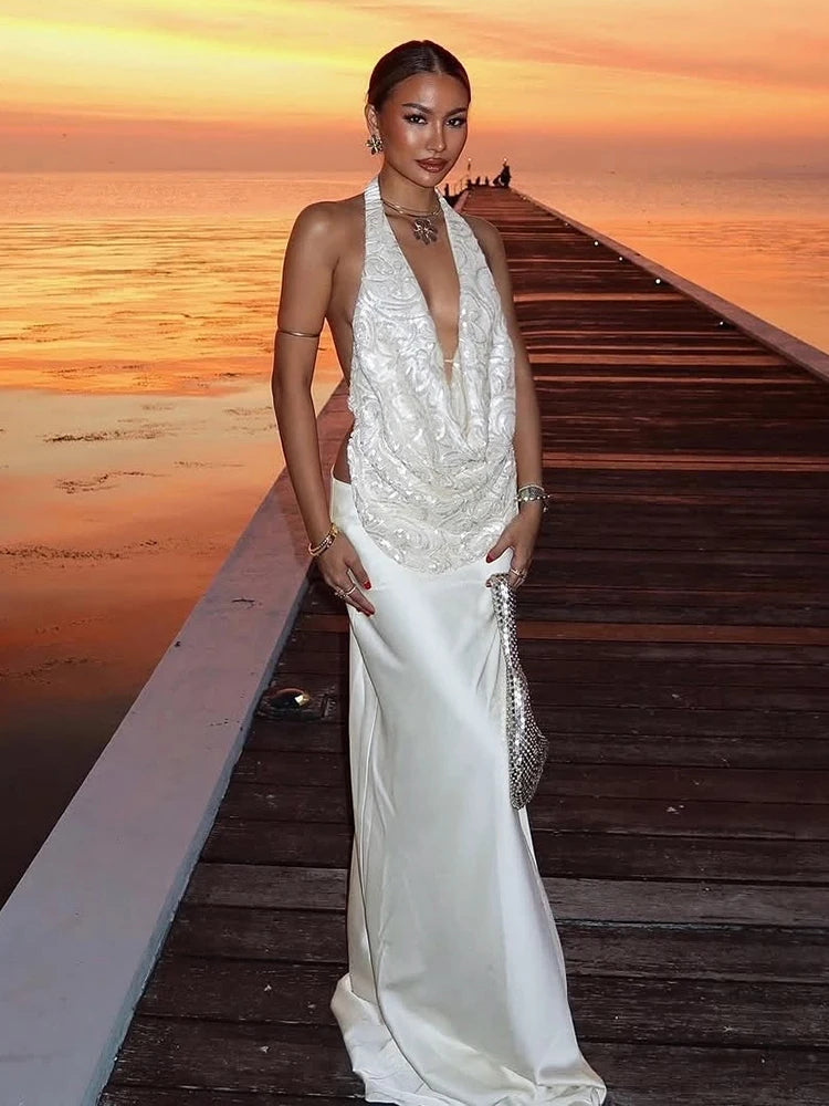 Nibber Temperament 2-Piece Set Women Swing Collar Arabesques Backless Tops+Smooth Skirts Vacation Beach Party Matching Suits
