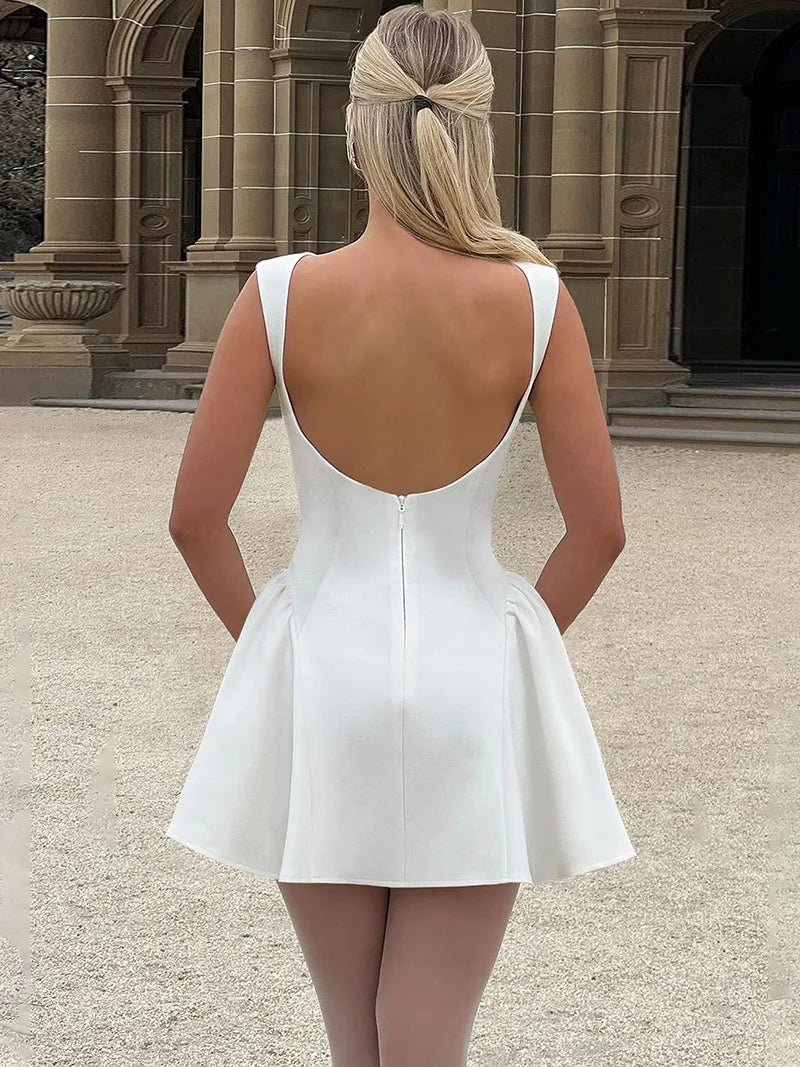 DGLUKE Elegant Red Mini Dress Women Boat Neck Sleeveless High Waist A-line Dress Backless Pleated Short Prom Party Dresses