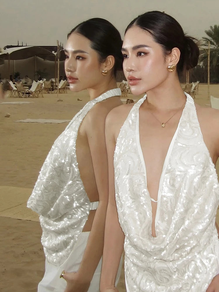 Nibber Temperament 2-Piece Set Women Swing Collar Arabesques Backless Tops+Smooth Skirts Vacation Beach Party Matching Suits