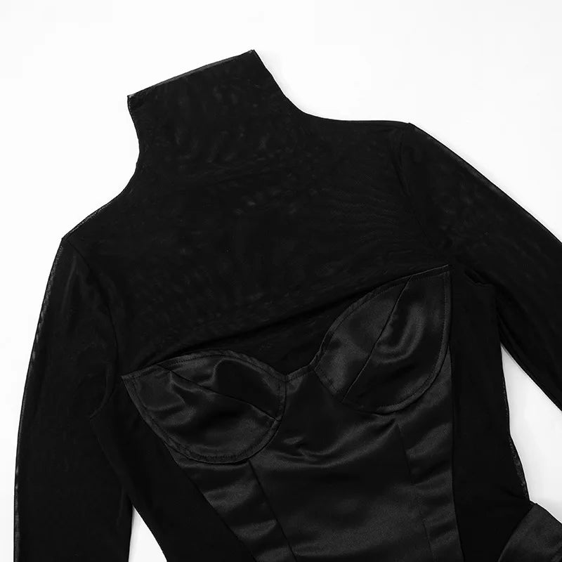 Trendix Fashion Mesh Long Sleeve Mini Dress Club See Through Turtleneck Splice Hollow Bodysuit Dress Party Hot Girls Sexy Dress