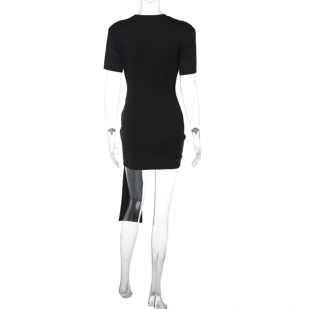 Dulzura O-Neck Short Sleeves Lace Up Bodycon Metal Button Mini Dress Solid Casual Elegant Short Dress Club Streetwear Outfit