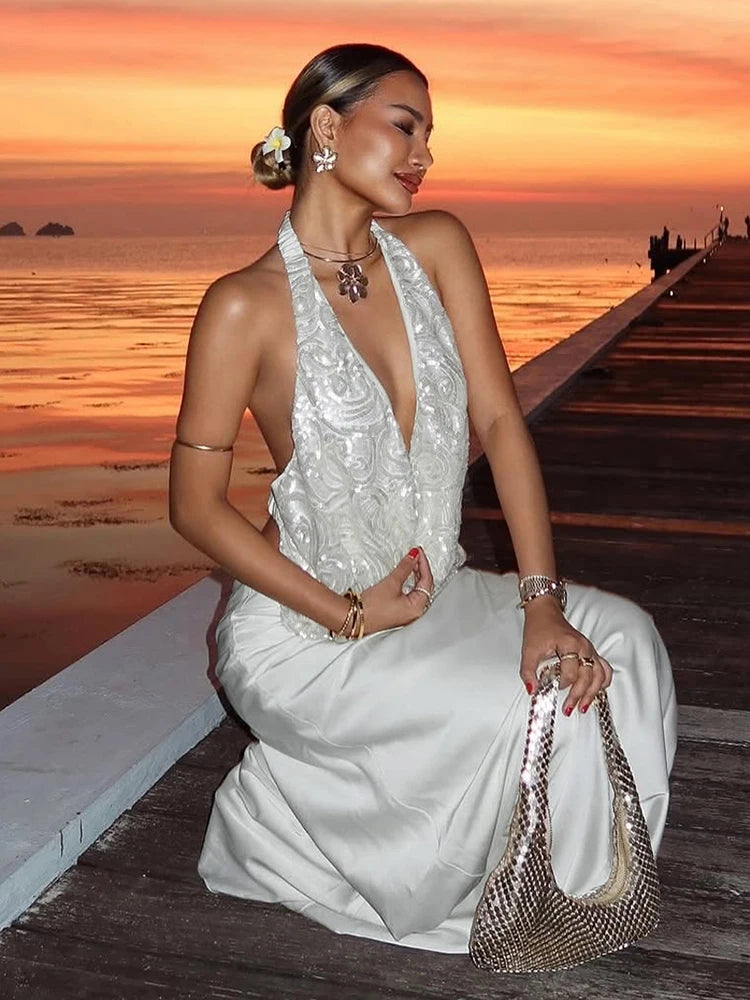 Nibber Temperament 2-Piece Set Women Swing Collar Arabesques Backless Tops+Smooth Skirts Vacation Beach Party Matching Suits
