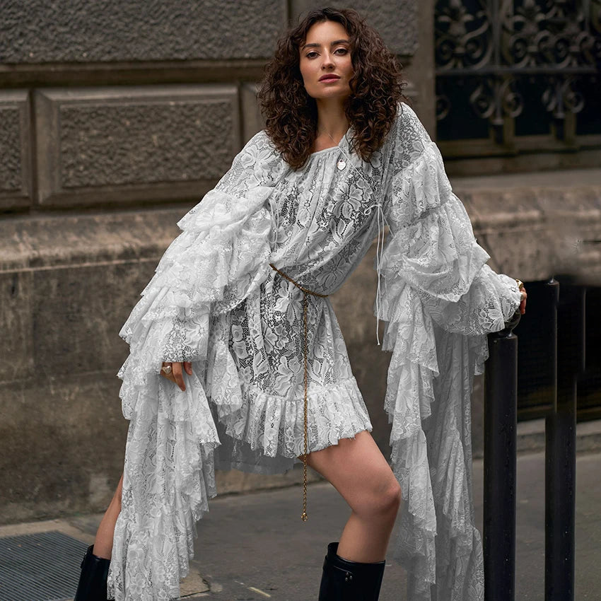 Linad Elegant Apricot Embroidery A Line Dress Fashion Sheer Butterfly Sleeve Dresses For Women Sexy Hollow Out Mini Dress 2025
