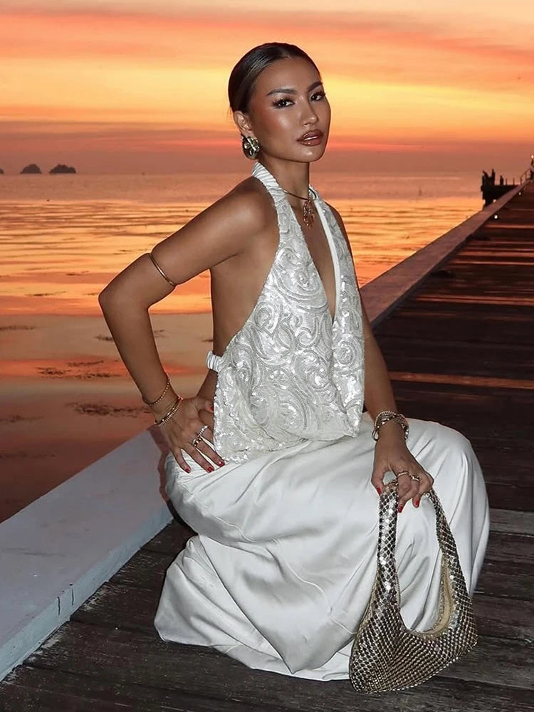 Nibber Temperament 2-Piece Set Women Swing Collar Arabesques Backless Tops+Smooth Skirts Vacation Beach Party Matching Suits