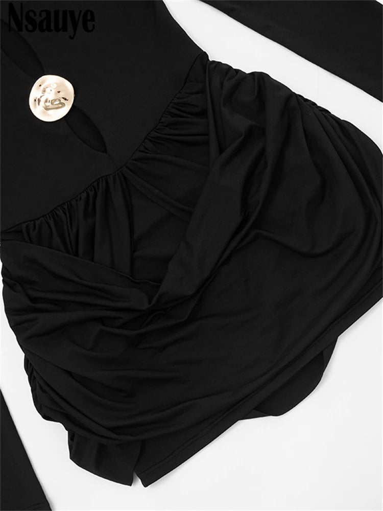 Nsauye Autumn Winter Women 2025 Sexy Night Club Mini Wrap Hollow Out Party Dress Fashion Elegant Evening Short Dress Long Sleeve