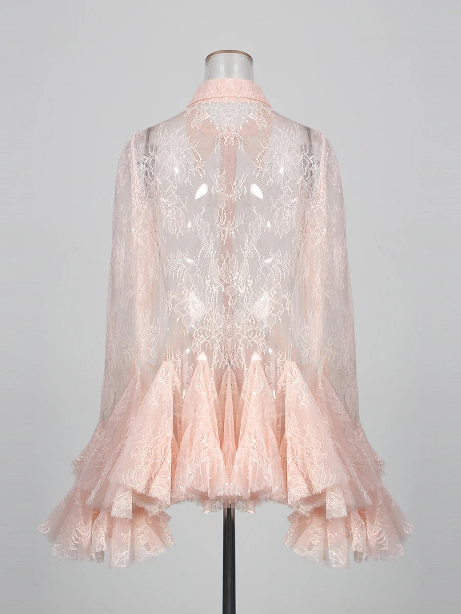 TWOTWINSTYLE Solid Sheer Spliced Lace Sexy Mini Dresses for Women Lapel Long Sleeves Patchwork Ruffles Folds Dress Female New