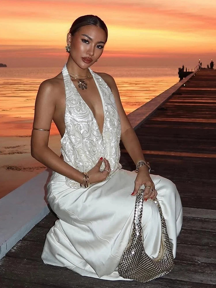 Nibber Temperament 2-Piece Set Women Swing Collar Arabesques Backless Tops+Smooth Skirts Vacation Beach Party Matching Suits